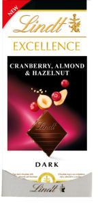 Čokolada Excellence Lind, mandlji, lešniki, brusnice, 100 g