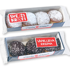 Krofi Mala zadovoljstva, vanilijevo polnilo, s temnim kakavovim oblivom, 165 g, 3/1