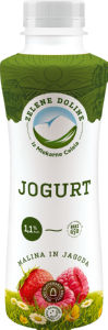 Tekoči jogurt Zelene doline, malina, jagoda, 1,1 % m. m., 500 g