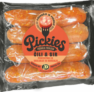 Klobasa Pickies, piščančja prekajena, čili & sir, 210 g
