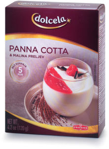 Krema Dolcella Panna cotta in malinin preliv, 120 g