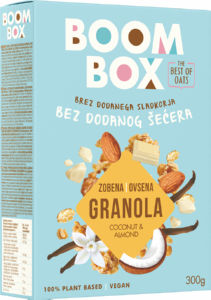 Granola Boom box ovsena, kokos, mandelj, bela čokolada, vanilija, 300 g