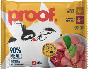 Hrana za mačke Proof, piščanec in piščanec z govedino v želeju, 4 x 85 g