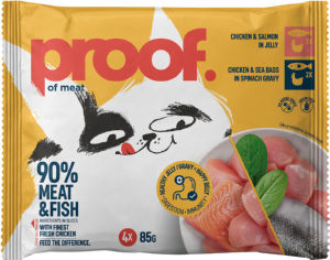 Hrana za mačke Proof, piščanec z lososom in piščanec z brancinom v omaki, 4 x 85 g
