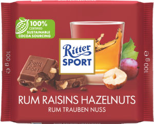Čokolada Ritter Sport, z rumom, rozinami in lešniki, 100 g