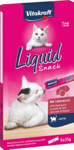 Poslastica za mačke Vitakraft, Liquid Snack, jetra in biotin, 6 x 15 g