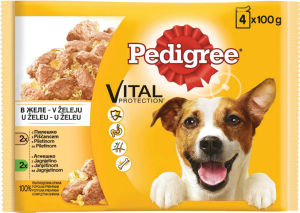 Hrana za pse Pedigree, piščanec, teletina, jetra, žele, 4 x 100 g