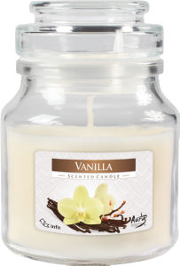 Sveča dišeča, vanilija, v steklu s pokrovom