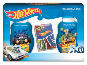 Darilni set Naturaverde, Hot Wheels, otroški, tuš gel + tekoče milo + karte Uno