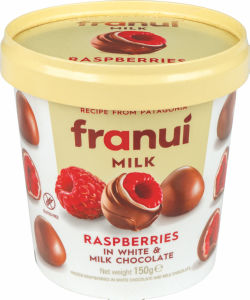 Maline Franui, oblite v beli in mlečni čokoladi, zamrznjeno, 150 g