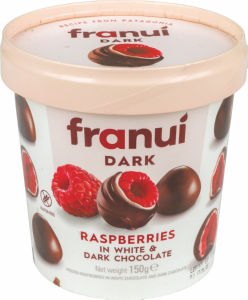 Maline Franui, oblite v beli in temni čokoladi, zamrznjeno, 150 g