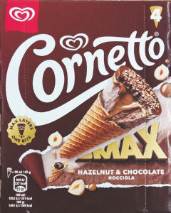 Sladoled Algida, Cornetto max, okus lešnik, čokolada, 4 x 90 ml