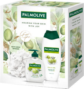 Darilni paket Palmolive, Oliva, tušgel, tekoče milo za roke, gobica za prhanje