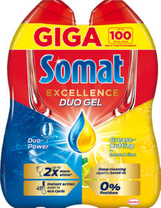 Detergent Somat, Excellence Duo Gel, Antigrease Lemon, 100 pranj, 2 x 900 ml