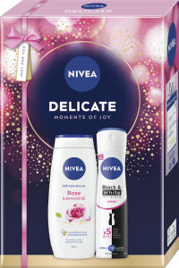 Darilni set Nivea, Delicate, tušgel Rose & Almond, antiperspirant Black & White